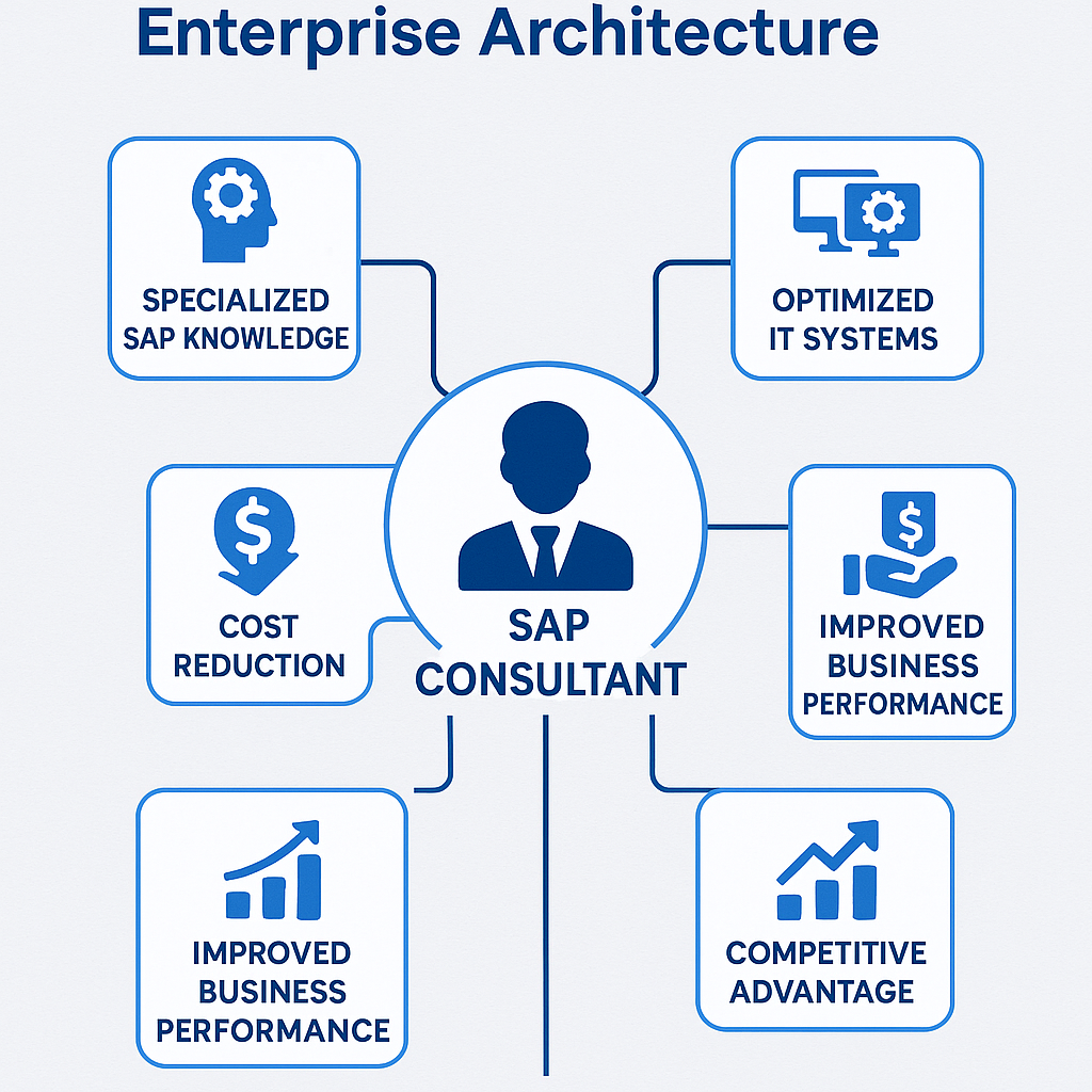 Chart depicting six benefits of involving SAP Consultants in enterprise architecture projects, including specialized SAP knowledge, optimized IT systems, cost reduction, improved business performance, a strategic IT roadmap, and competitive advantage.