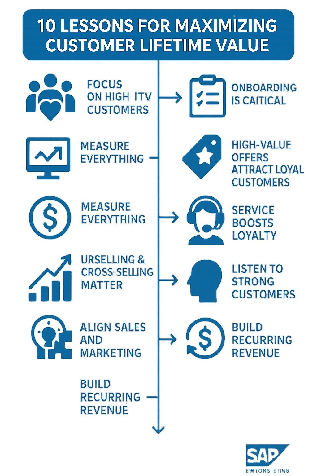 Infographic listing ‘10 Lessons for Maximizing Customer Lifetime Value’, each represented with a simple icon and phrase in a blue vertical flow chart style. Includes tips like focusing on high-LTV customers, investing in onboarding, measuring everything, retention, upselling, cross-selling, customer service, listening to valuable customers, aligning sales and marketing, and building recurring revenue streams. SAP BW Consulting logo appears at the bottom.