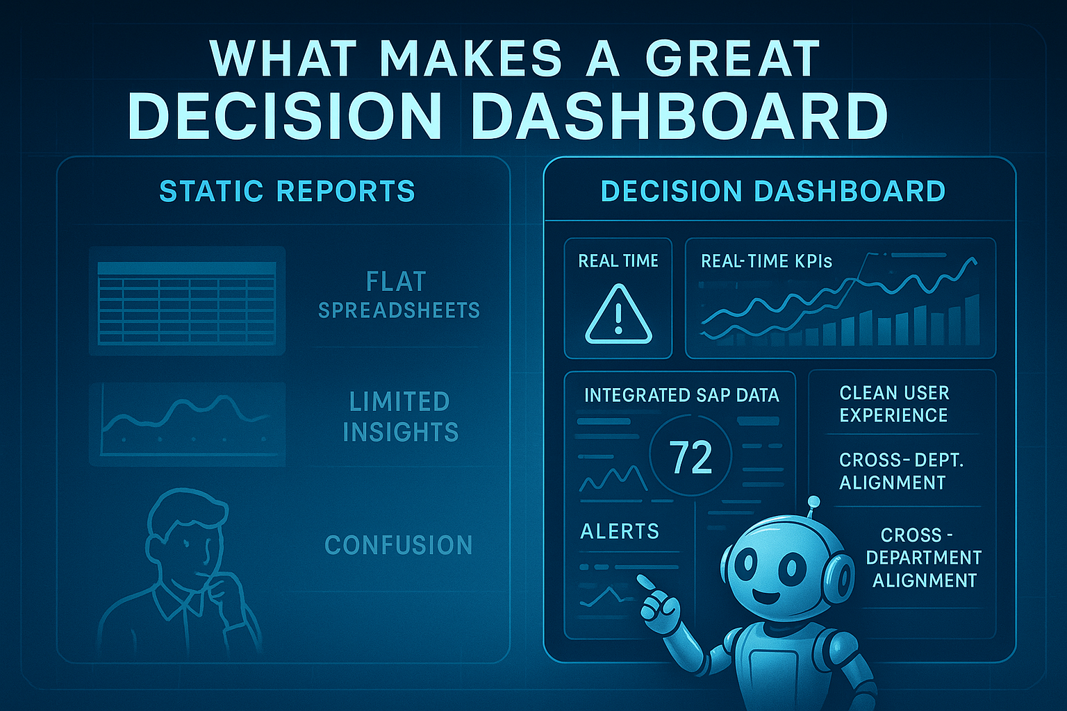 A blue-toned, high-tech side-by-side visual contrasting traditional reports with modern decision dashboards. The left panel shows static reports, distributed via spreadsheets or outdated interfaces; the right highlights a dynamic dashboard with clear KPIs, color-coded alerts, and data that guides real-time decisions. The friendly robot points to the dashboard features that accelerate progress across the four maturity tiers.