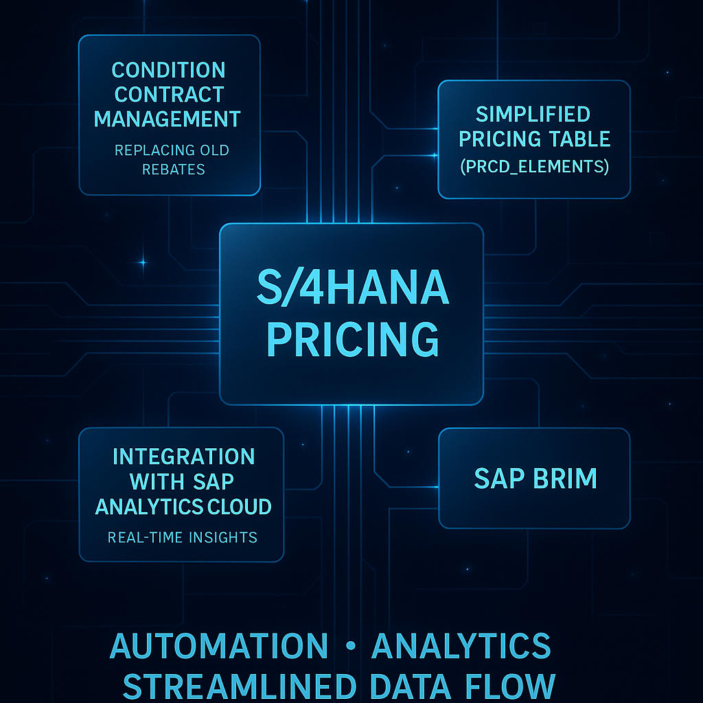 High-tech infographic illustrating modern SAP S/4HANA pricing enhancements: Condition Contract Management replacing old rebates, Simplified Pricing Table (PRCD_ELEMENTS), SAP Analytics Cloud integration for real-time insights, and SAP BRIM for subscription billing, all connected in a luminous, blue digital network emphasizing automation, analytics, and streamlined data flow.
