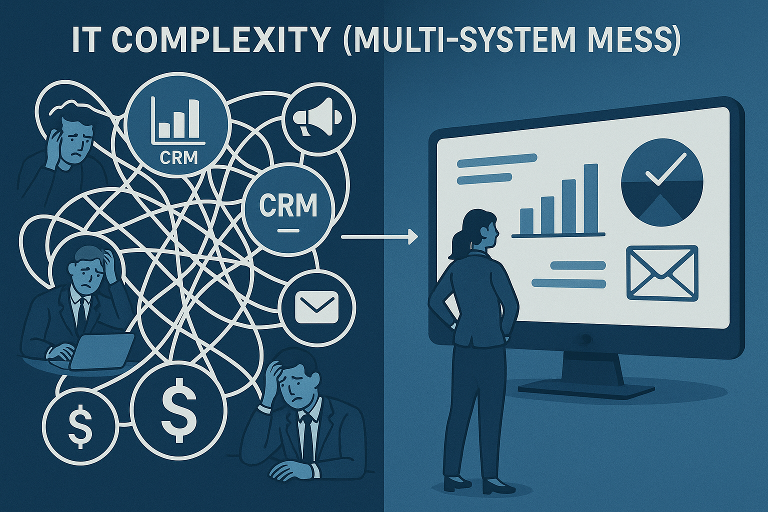 Infographic illustrating a tangled web of disconnected software icons and frustrated team members on the left, with a seamless unified dashboard and confident team member on the right, representing the transformation from IT chaos to integrated business systems.