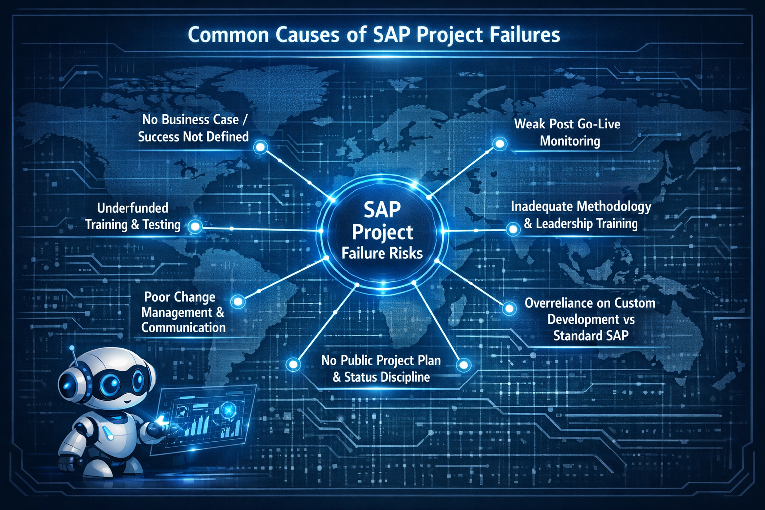 High-tech blue network diagram showing interconnected root causes of SAP project failures such as missing business case, weak post go-live monitoring, poor training, weak change management, and overuse of custom development