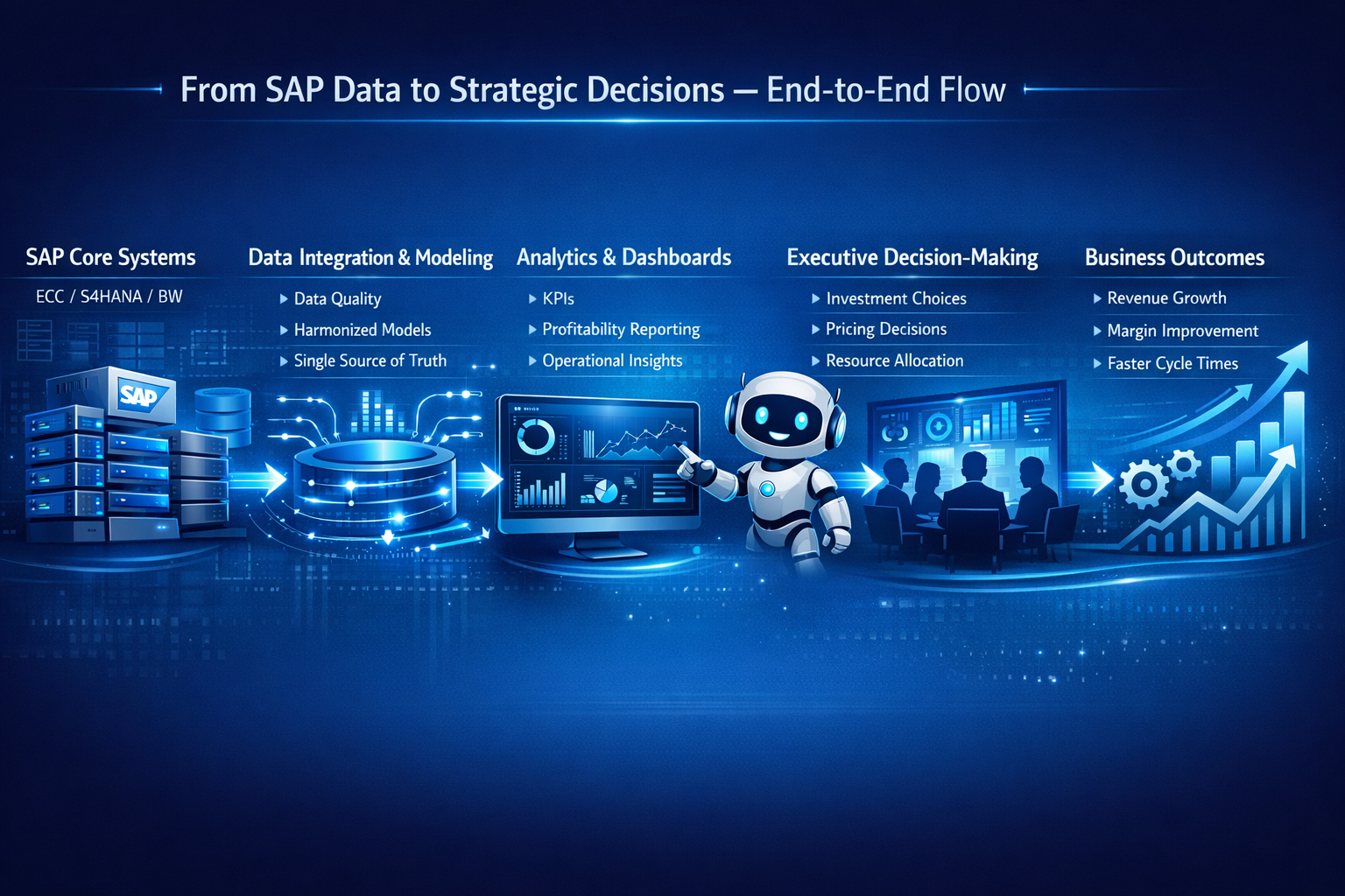 High-tech blue process diagram showing the flow from SAP core systems through data integration and modeling, analytics and dashboards, executive decision-making, and finally measurable business outcomes, with a friendly robot helping interpret data.