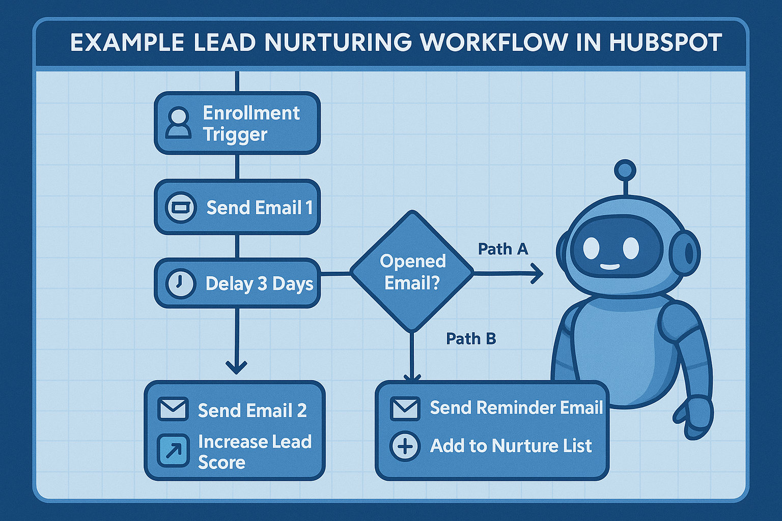 High-tech blue illustration titled Example Lead Nurturing Workflow in HubSpot, showing an enrollment trigger, a series of nurture emails, delays, and an if/then branch that adjusts lead score and nurture lists, with a friendly robot overseeing the automated lead management workflow in HubSpot.