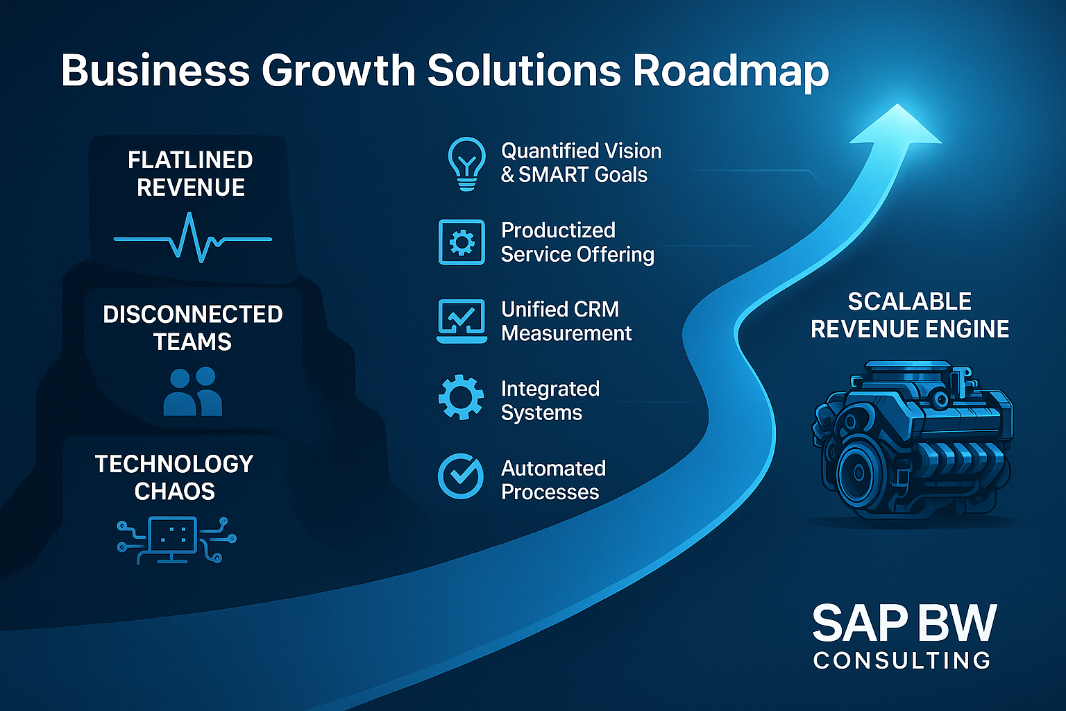 Visual roadmap showing the journey from business roadblocks—flatlined revenue, disconnected teams, and technology chaos—through quantified goals, productized service offerings, unified CRM measurement, integrated systems, and automated processes, culminating in a scalable revenue engine.