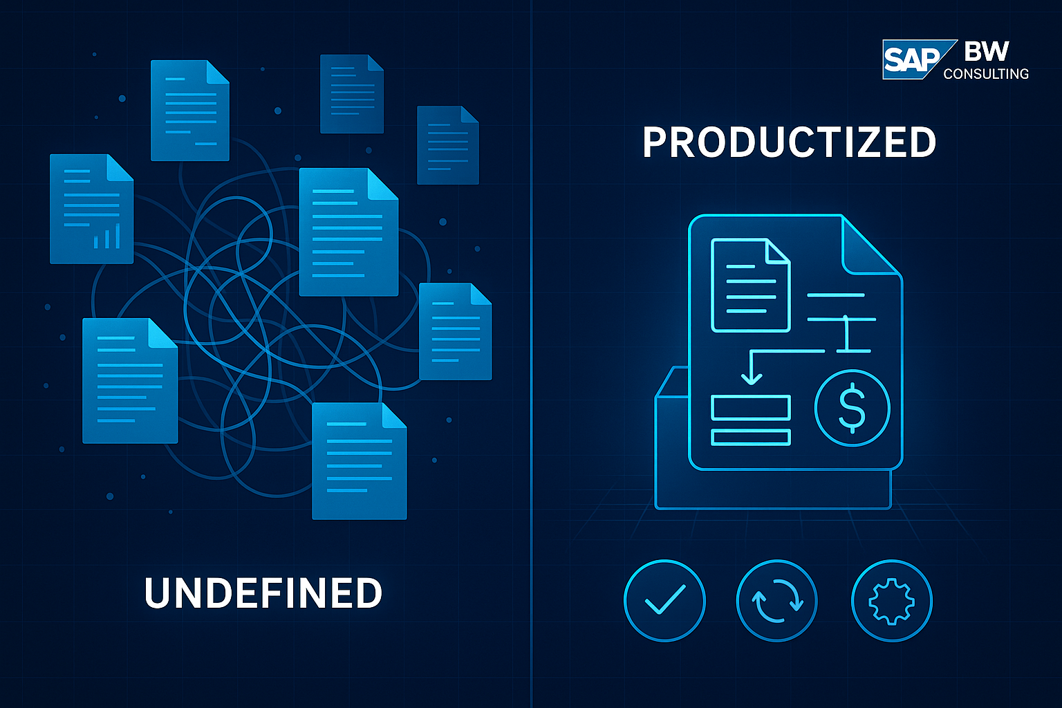 Infographic contrasting a complex, undefined service offering with scattered documents versus a streamlined, repeatable productized package with clear deliverables, standardized steps, and pricing for business growth.