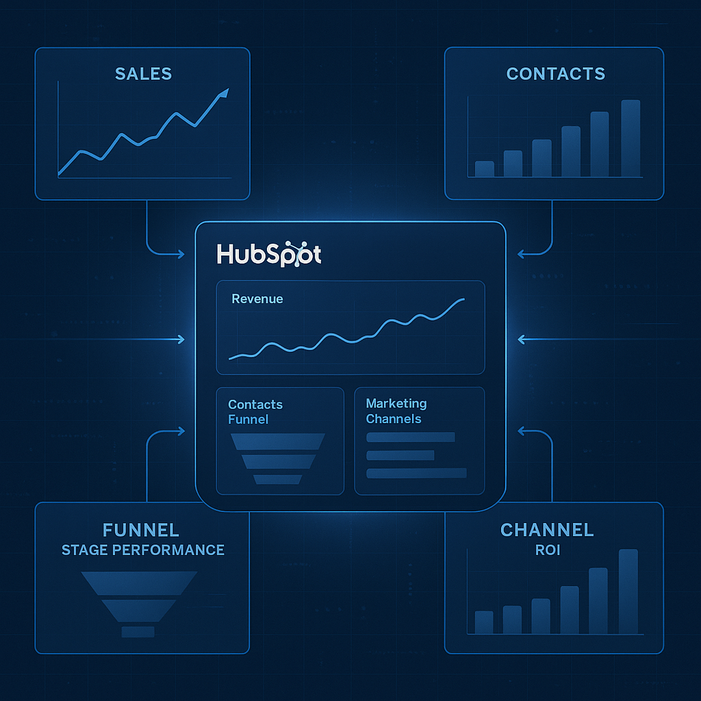 Infographic dashboard showing HubSpot at the center, integrating real-time charts for sales, contacts, funnel stage performance, and channel ROI—all unified into one actionable business control system.