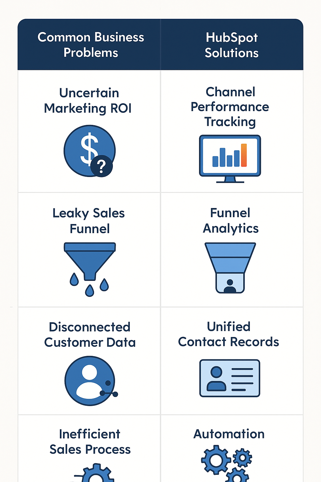 Table listing common business marketing problems alongside corresponding HubSpot solution features.