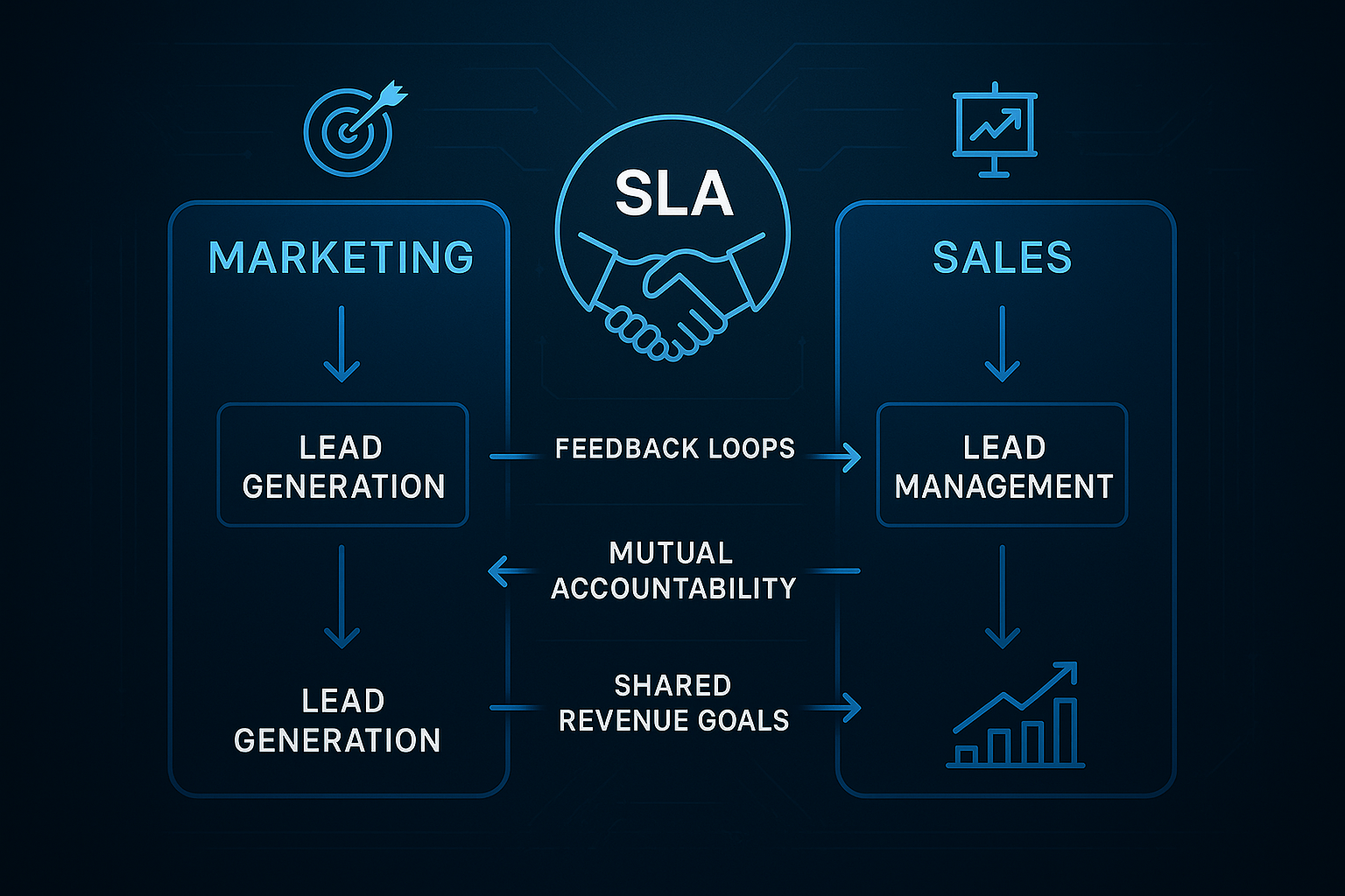 Flowchart of how a Service Level Agreement unites marketing and sales teams towards common revenue goals.