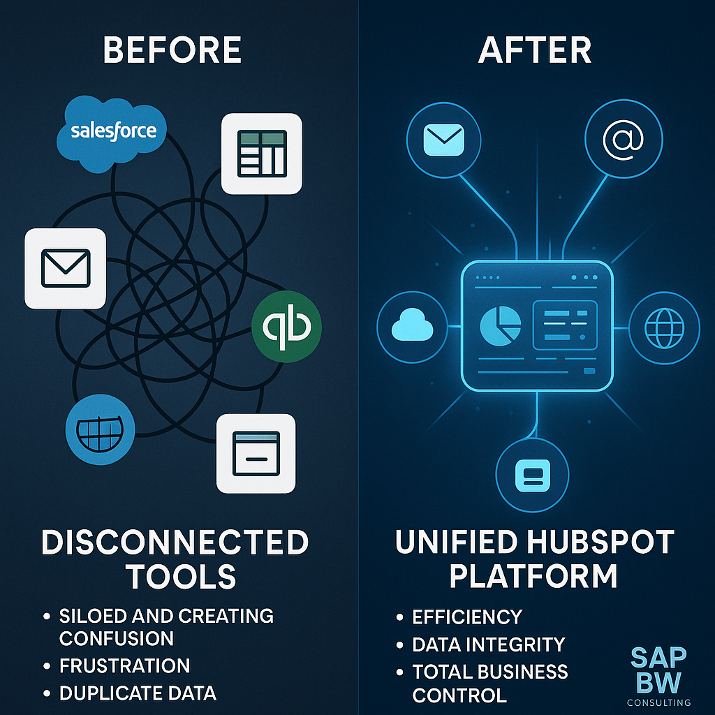 Visual contrasting a multi-system, fragmented workflow with a streamlined, integrated HubSpot platform.