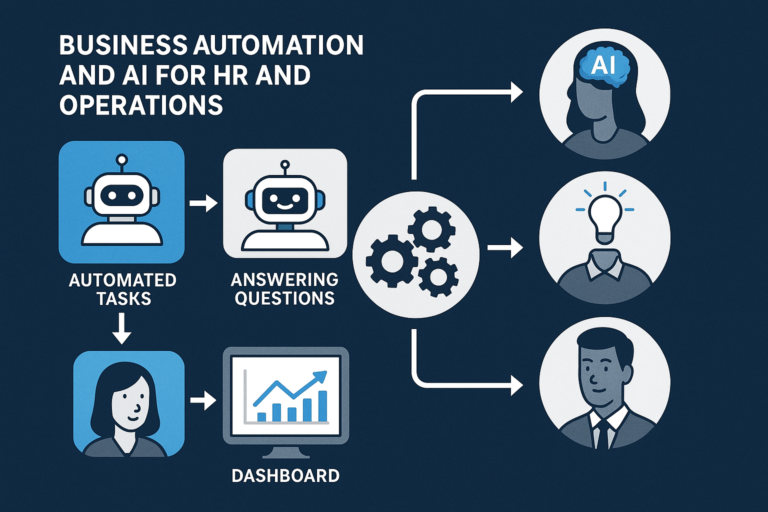 Infographic showing automated tasks, chatbots, gears for workflow automation, team members enhanced by AI, and a dashboard of rising business metrics—demonstrating how automation and AI create efficiency and boost HR/operations performance.