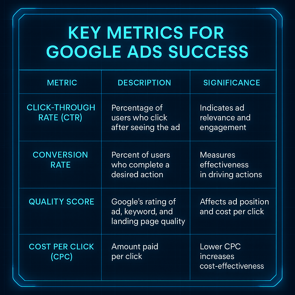 Infographic table with columns for metric name, description, and significance, covering CTR, Conversion Rate, Quality Score, and CPC, using a high-tech blue brand style.