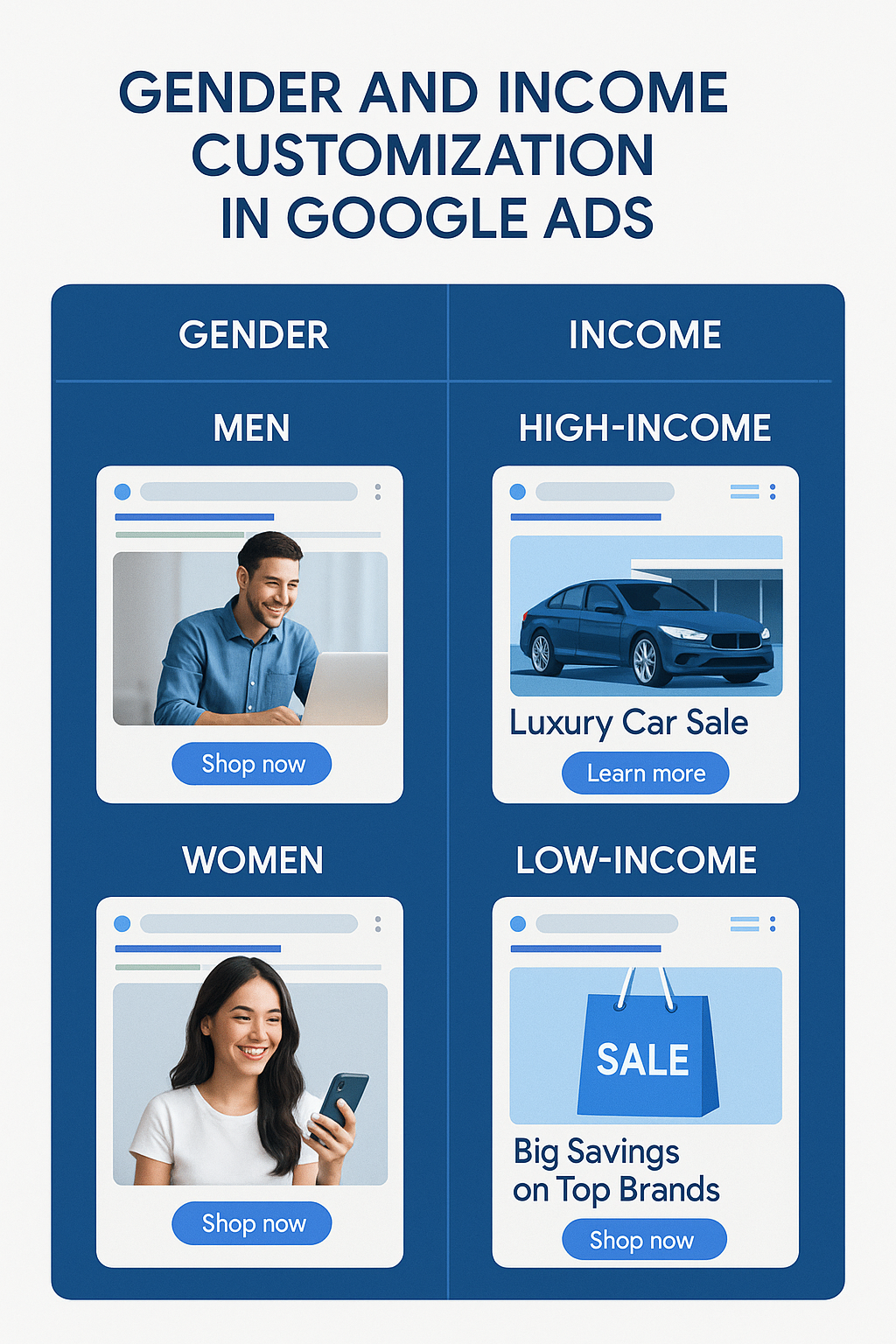 Visual showing examples of Google Ads tailored for men vs women and high vs low income audiences, emphasizing differences in visual style and offer.