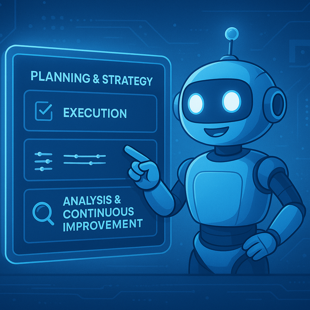 Friendly robot auctioneer guides viewers through the three-step bid management process—planning, execution, and analysis—displayed on a digital process board in a modern, blue, high-tech environment.