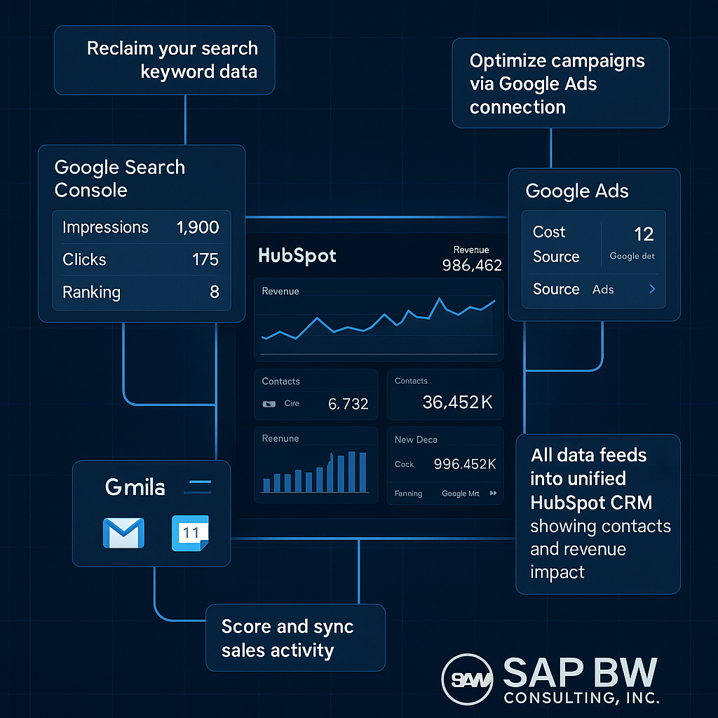 Infographic illustrating how HubSpot connects to Google Search Console, Google Ads, and Gmail/Google Calendar. Central HubSpot dashboard shows real-time keyword and campaign data. Left: Google Search Console branch with impressions, clicks, ranking. Right: Google Ads branch with cost, source, and lead attribution. Bottom: Gmail and Calendar icons for email activity and meeting sync. All data merges into unified CRM contacts and revenue dashboard. Blue high-tech SAP BW Consulting branding.