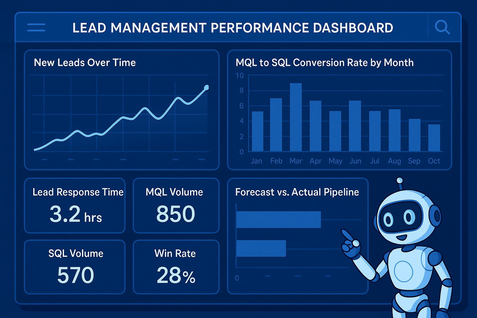 High-tech blue analytics dashboard titled Lead Management Performance Dashboard, showing charts for new leads over time, MQL to SQL conversion rate, key KPIs, and forecast versus actual pipeline, with a friendly robot highlighting data-driven optimization for lead management in HubSpot.