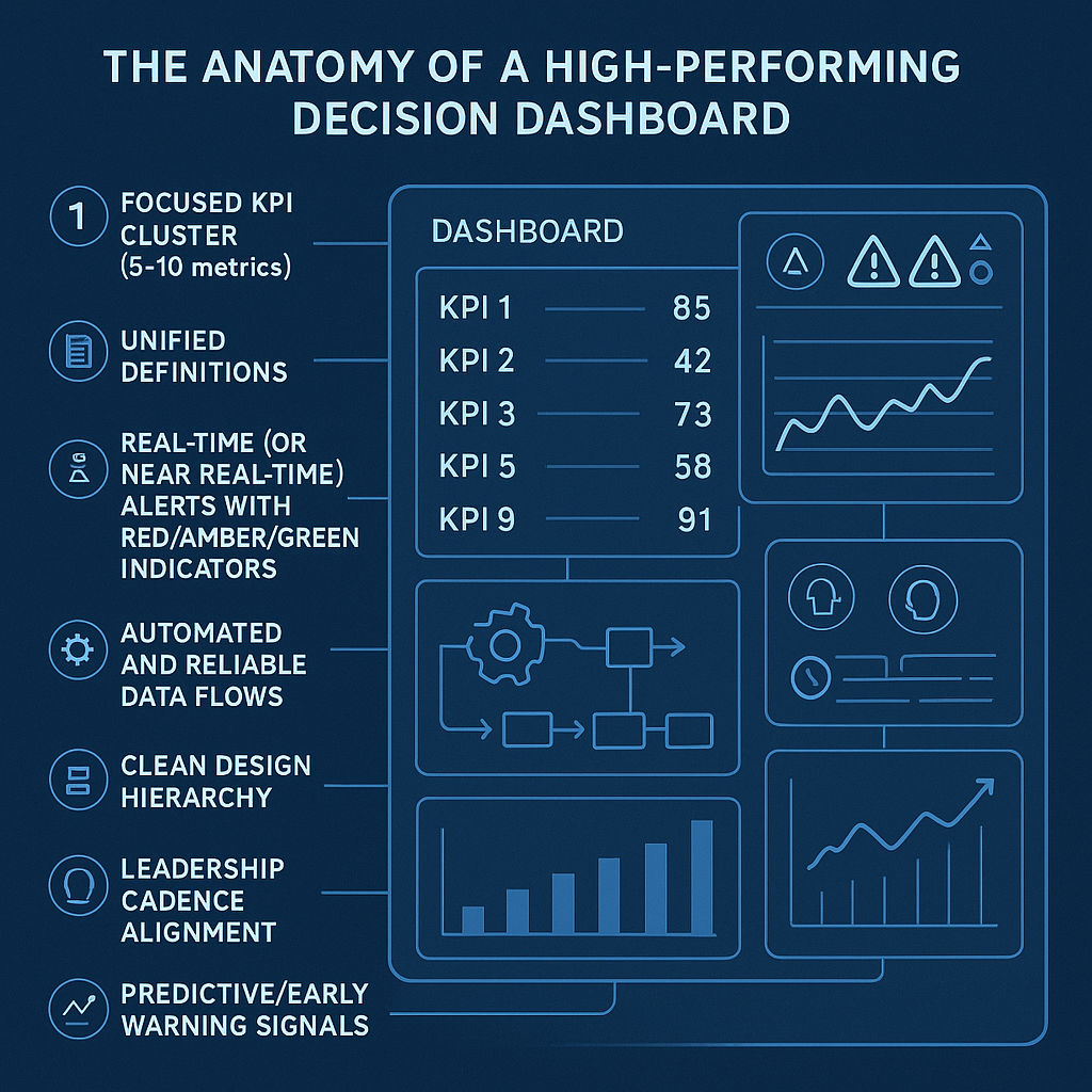 Diagram showing the design and features of a high-performing executive decision dashboard, including unified metrics, real-time alerts, automated data quality, and clear visual prioritization.