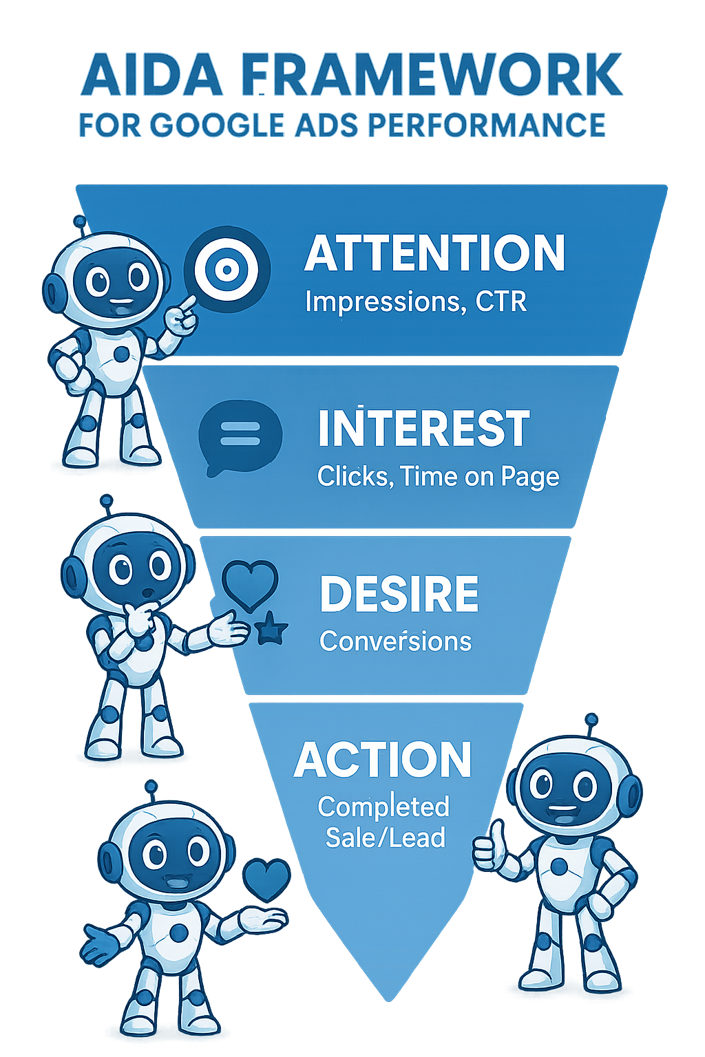 Funnel diagram showing the AIDA framework (Attention, Interest, Desire, Action), with friendly robot and stage metrics, for Google Ads performance reports.