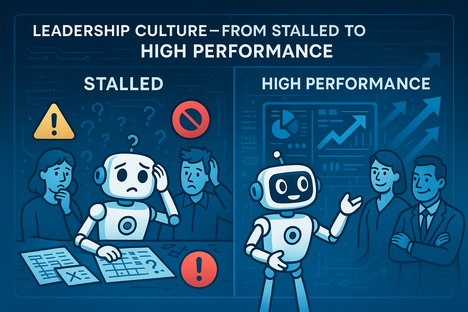 Side-by-side visual comparing symptoms of weak leadership culture with characteristics of a high-performance leadership culture in a high-tech blue style