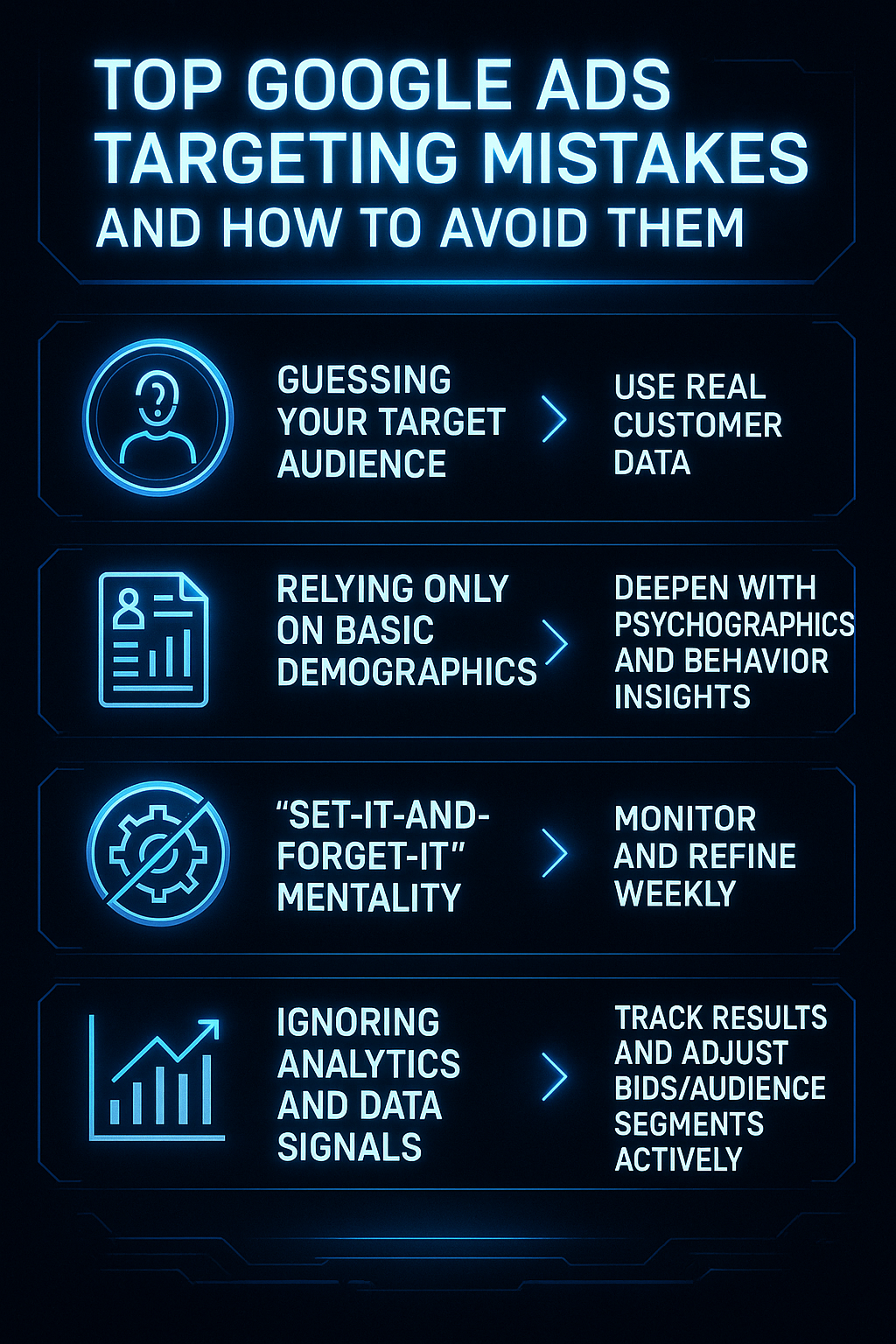 Infographic listing the most common Google Ads targeting mistakes with high-tech icons, blue color accents, and precise solutions for each mistake.