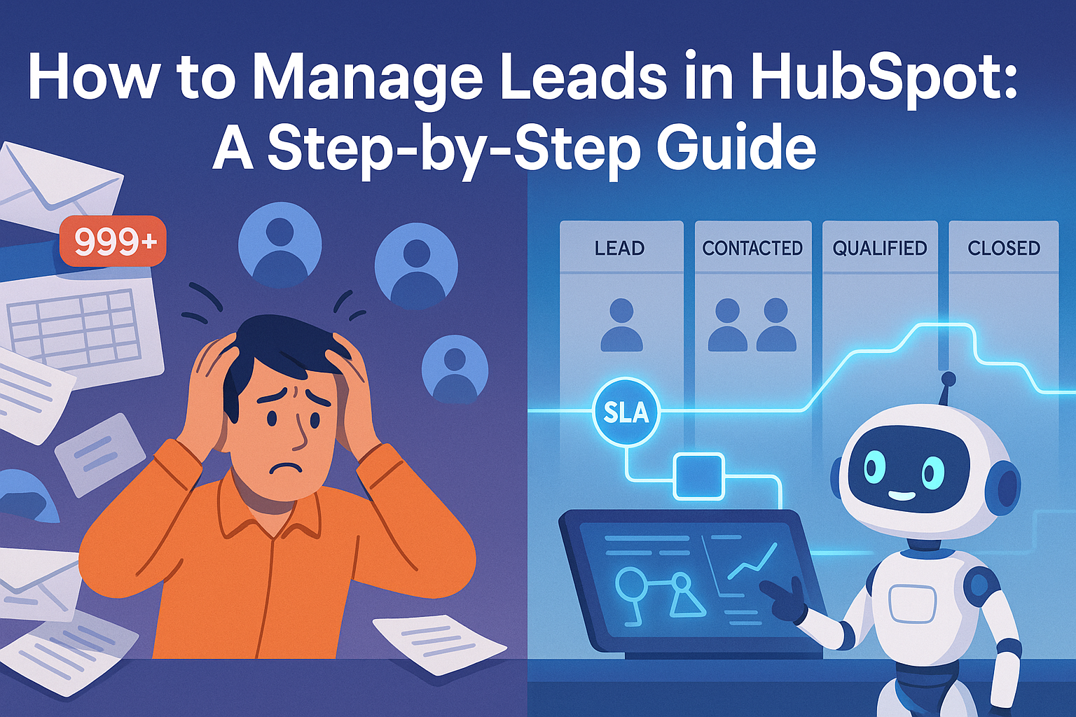 Before and after hero image showing chaotic inbox and spreadsheets transforming into an organized high-tech blue HubSpot style lead pipeline with workflows, illustrating structured lead management in HubSpot, monitored by a friendly robot.