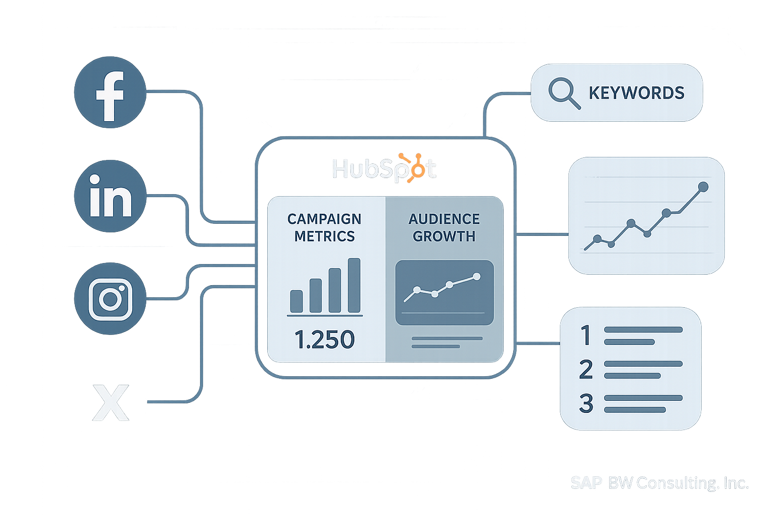 Infographic visualizing connecting social media accounts (Facebook, LinkedIn, X, Instagram) and SEO tools to HubSpot. Shows a central dashboard with campaign metrics and audience growth, keyword analytics, and visual traffic data, using a blue high-tech layout and SAP BW Consulting, Inc. branding.