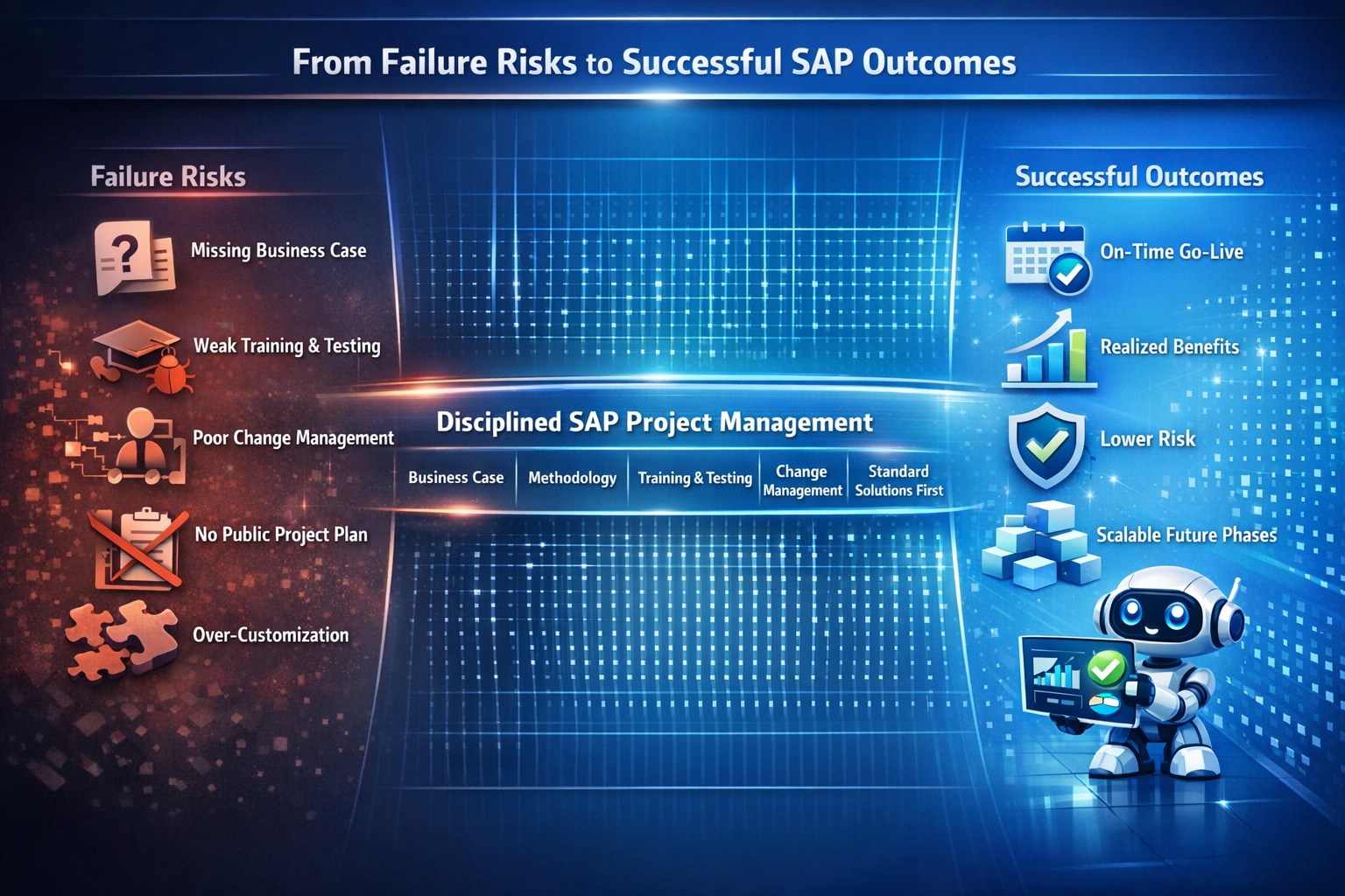 High-tech blue roadmap showing how disciplined SAP project management transforms common failure risks into successful outcomes like on-time go-lives and realized business benefits.
