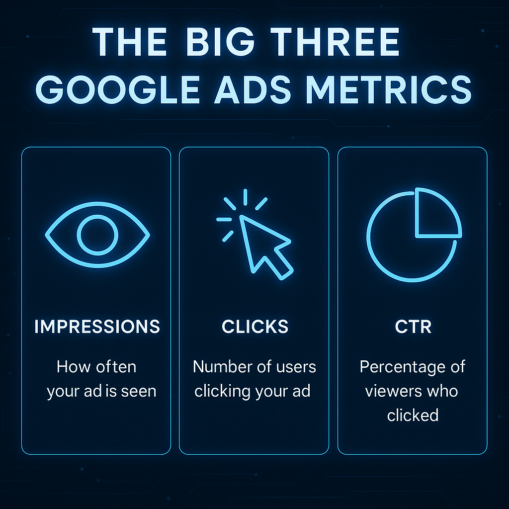 Infographic illustrating Impressions, Clicks, and Click-Through Rate as the three core Google Ads metrics.