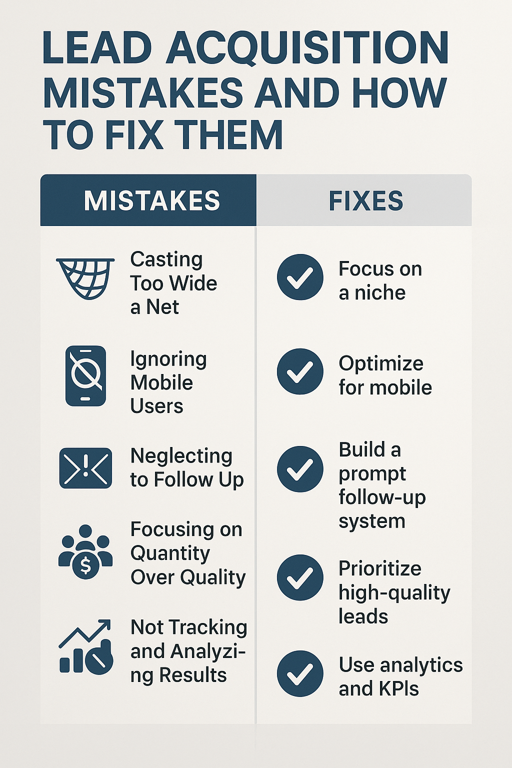 Infographic showing five common lead acquisition mistakes—casting too wide a net, ignoring mobile users, neglecting to follow up, focusing on quantity over quality, and not tracking or analyzing results—with corresponding fixes: focus on a niche, optimize for mobile, build a prompt follow-up system, prioritize high-quality leads, and use analytics and KPIs.