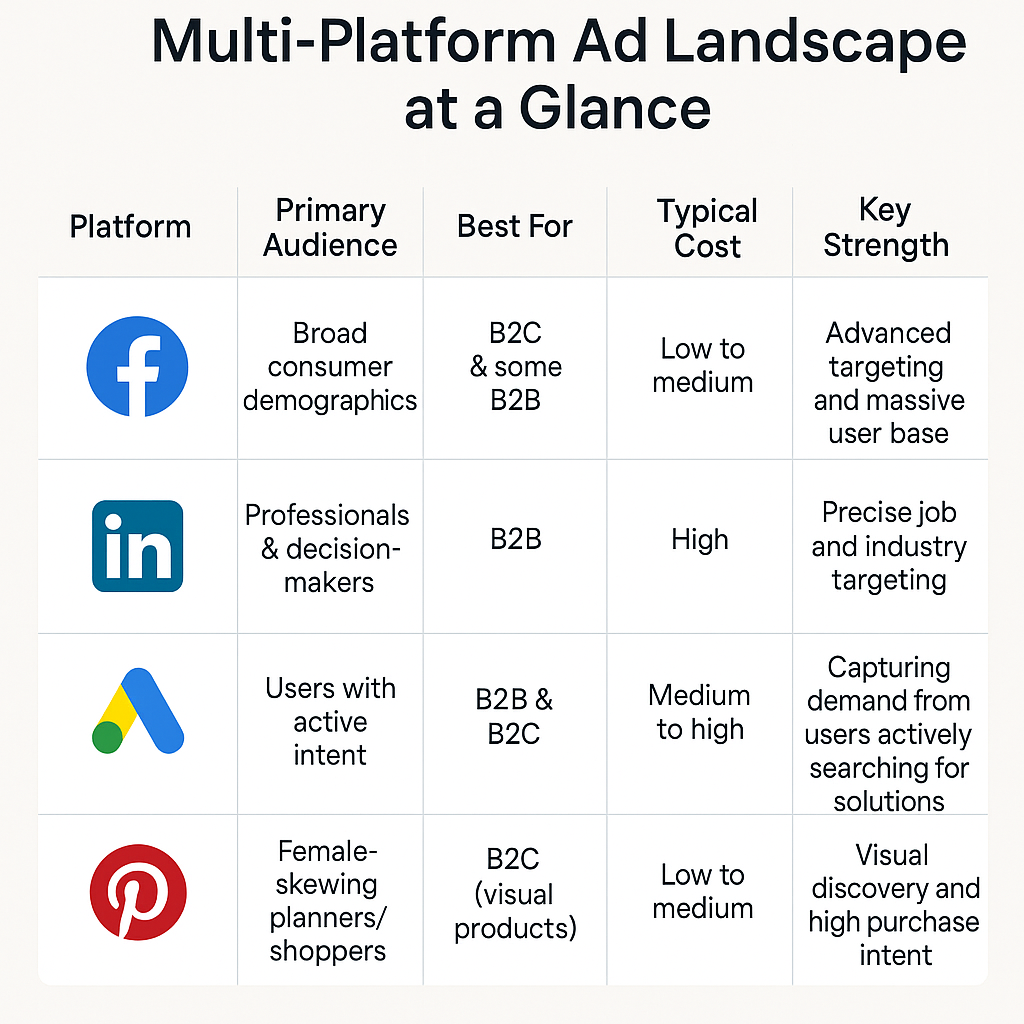 Infographic comparing Facebook, LinkedIn, Google Ads, and Pinterest for ad strategy—shows each platform’s primary audience, best use case, typical cost, and key advertising strength.