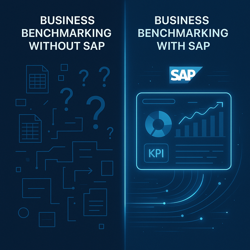 Contrast between “Disconnected, Siloed Data” (spreadsheets, different standards) and “Unified, Clear Insights” (SAP-enabled portfolio benchmarking). Visual emphasis on confusion vs. clarity.