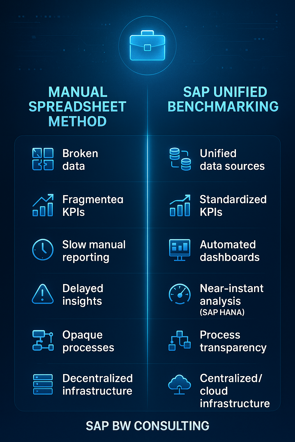 Infographic showing benefits of SAP unified benchmarking vs manual spreadsheet methods for portfolio comparison