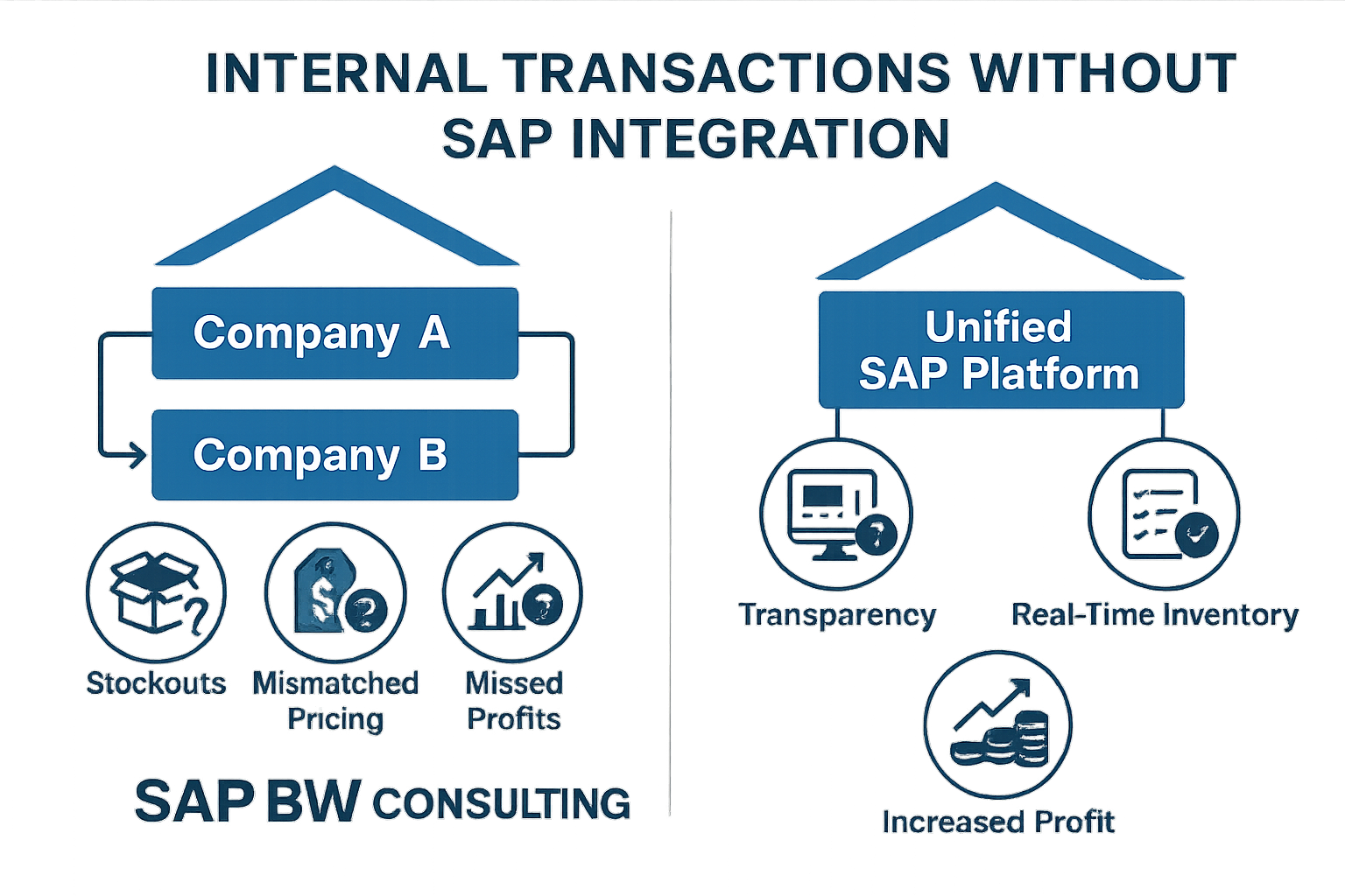Flowchart illustrating how disconnected business units suffer from confusion and profit loss without SAP integration, contrasted with unified SAP platform enabling transparency, real-time inventory, and increased group profit.