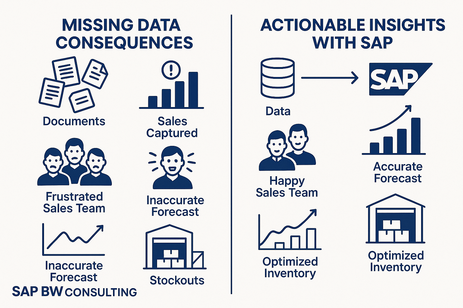 Multi-panel infographic contrasting the chaos of missing sales data—frustrated sales teams, inaccurate forecasts, and stockouts—with the benefits of SAP integration, including complete sales capture, happy sales team, accurate forecasting, and optimized inventory.