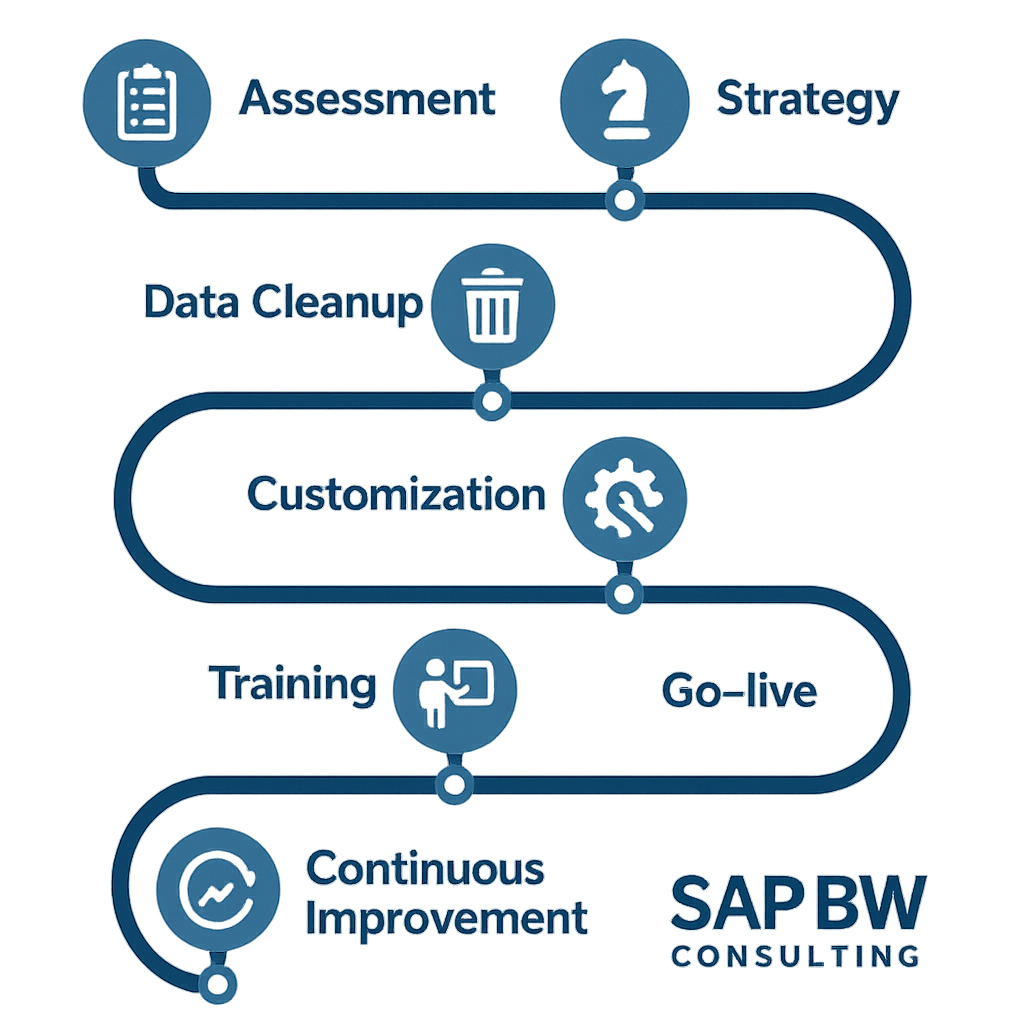 Infographic roadmap showing SAP implementation steps for profitability—Assessment, Strategy, Data Cleanup, Customization, Training, Go-live, and Continuous Improvement using a professional blue palette with SAP BW Consulting logo.