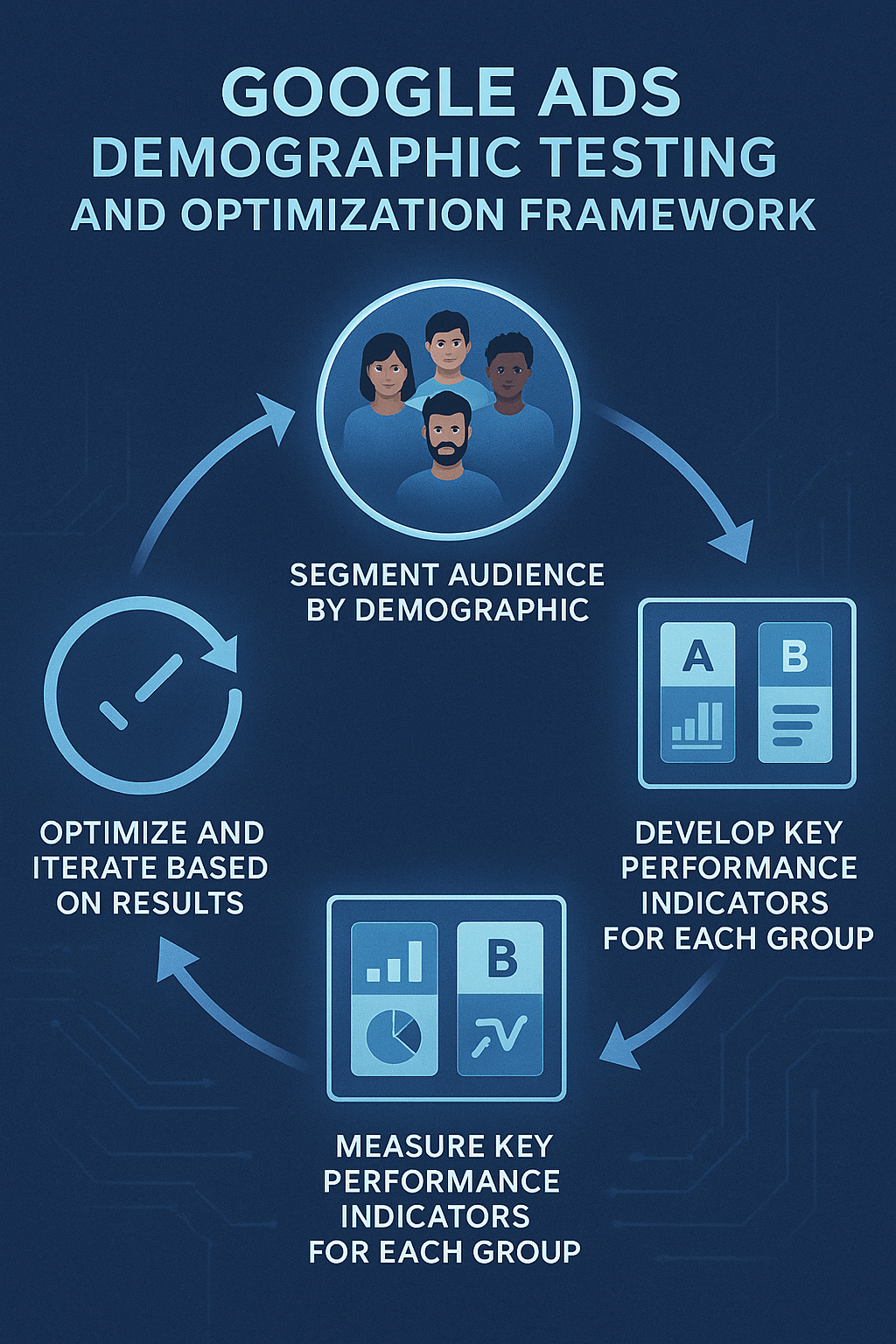 Infographic illustrating the process of A/B testing headlines, images, and CTAs for demographic segments, including measurement and iterative improvement.