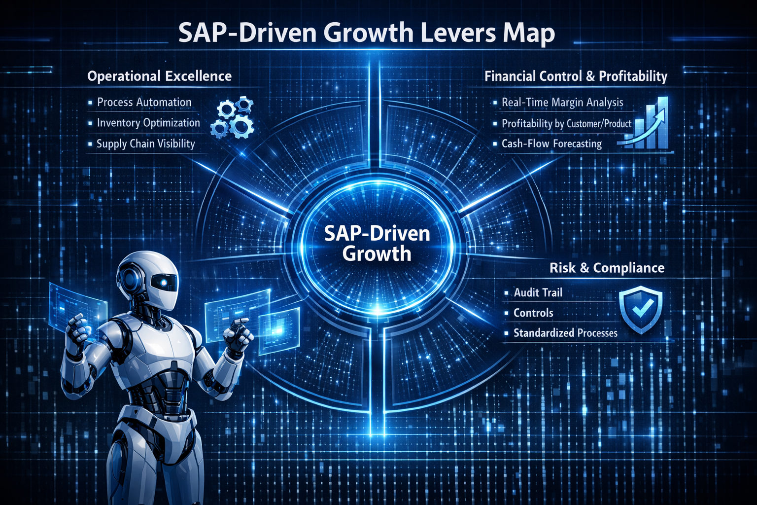 High-tech blue infographic titled SAP-Driven Growth Levers Map showing four pillars—operational excellence, financial control and profitability, customer and revenue growth, and risk and compliance—around a central SAP-driven growth hub with a friendly robot orchestrating the levers.