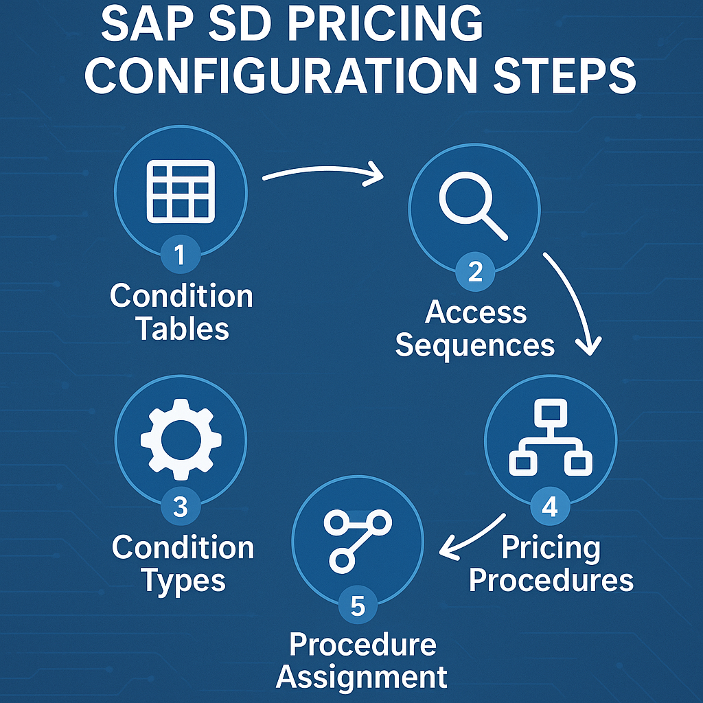 Infographic outlining the five steps to configure SAP SD Pricing: Condition Tables, Access Sequences, Condition Types, Pricing Procedures, and Procedure Assignment, in a professional blue, high-tech style