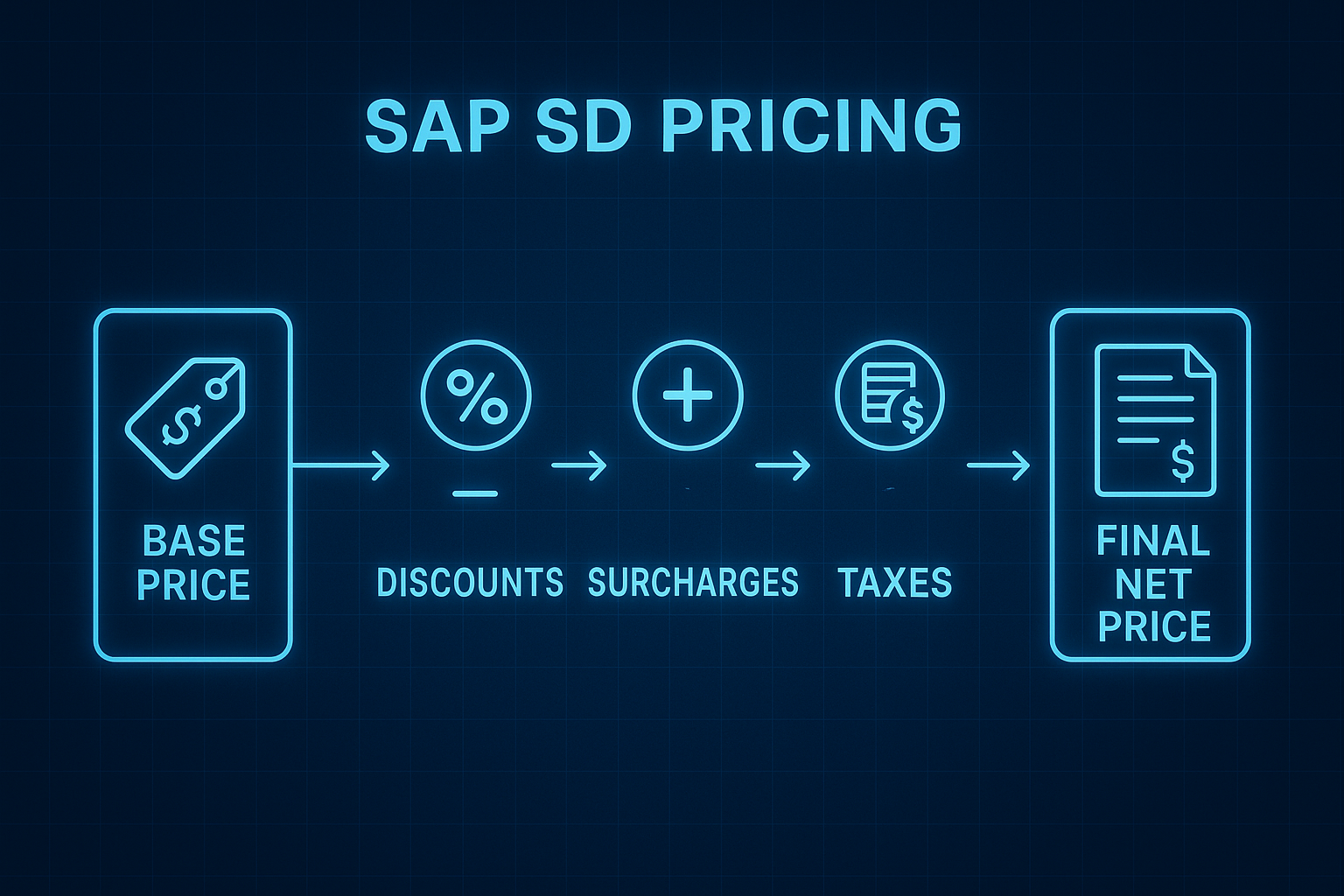 Diagram illustrating SAP SD pricing adjustments, showing progression from base price, discounts, surcharges, and taxes to the final net price, with clear icons and blue high-tech theme