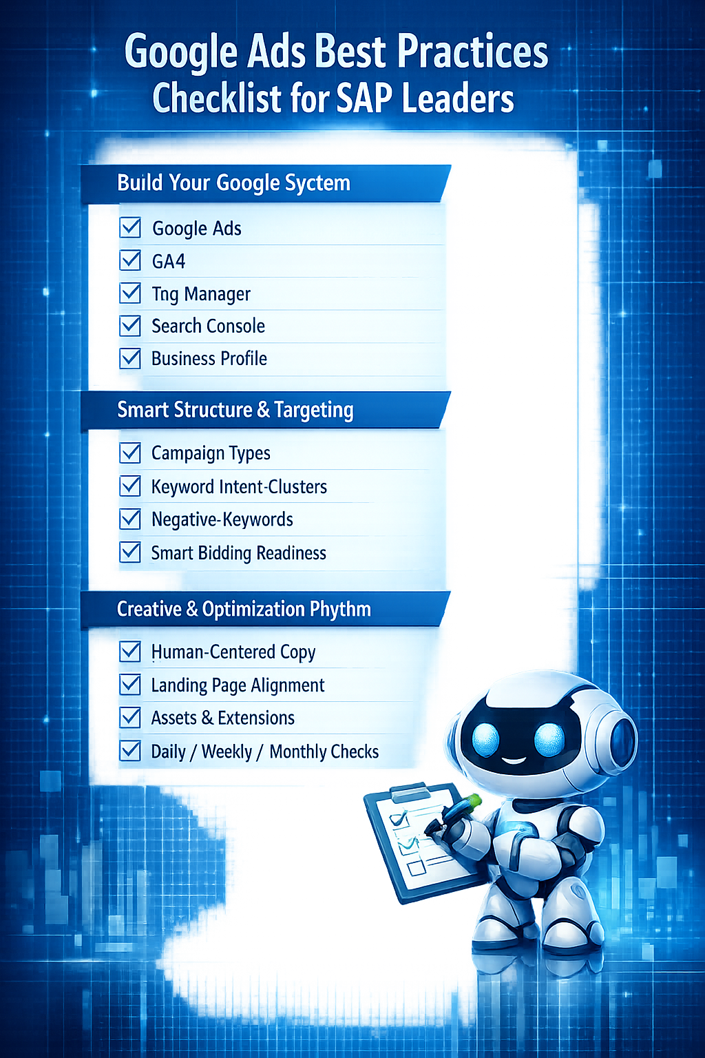 Checklist infographic for SAP leaders summarizing Google Ads best practices across system setup, smart targeting, and ongoing optimization, with a friendly blue robot checking off each item.