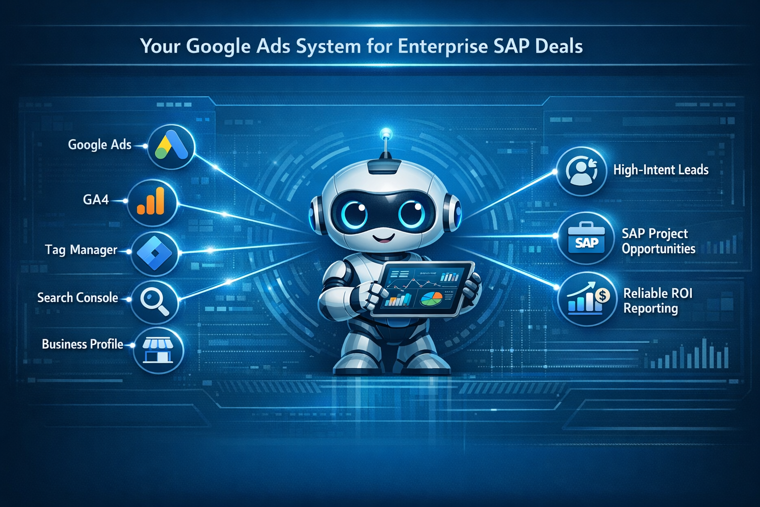 High-tech system diagram showing Google Ads, analytics, and tracking tools feeding into a central measurement layer and then into SAP project opportunities and ROI, orchestrated by a friendly blue robot