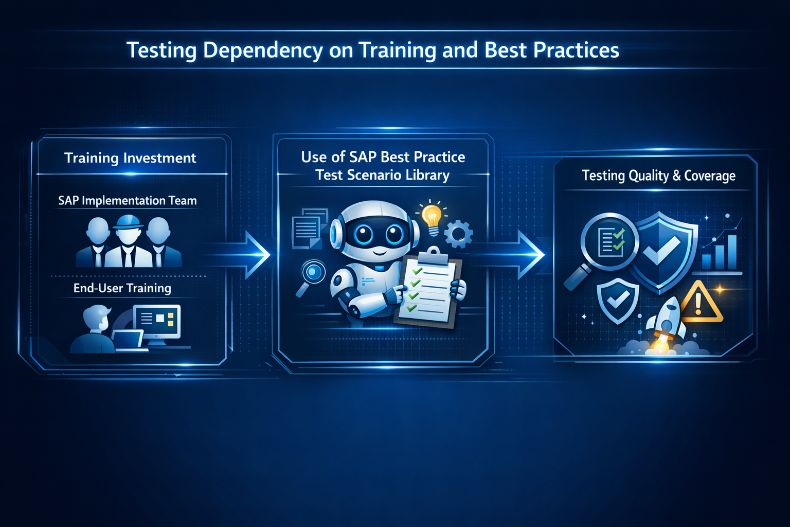 ig_0b950ae3fbHigh-tech blue flow diagram showing how investment in SAP training and use of best practice test scenarios lead to higher testing quality and lower go-live risk.3d750201696a7e92c26881979fead275dcd501a5