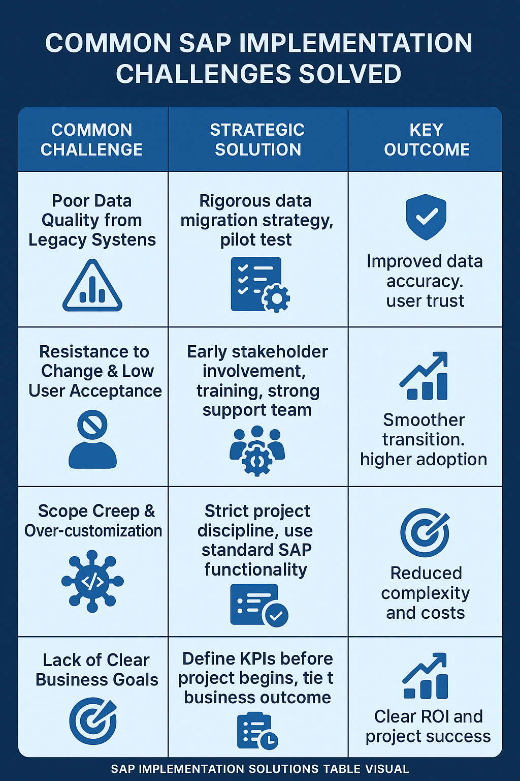 Visual table mapping SAP implementation challenges to strategic solutions and business outcomes.