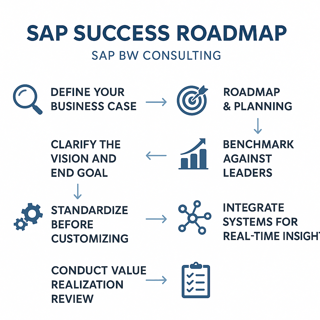 SAP implementation process flow highlighting business case, planning, benchmarking, and review steps