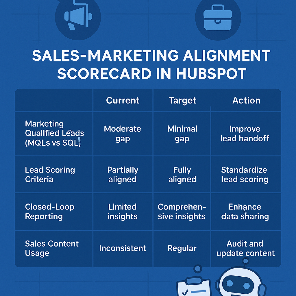 High-tech blue scorecard titled Sales–Marketing Alignment Scorecard in HubSpot, showing current, target, and action columns for MQL and SQL, lead scoring criteria, closed-loop reporting, and sales content usage, with a friendly robot holding a checklist to highlight ongoing alignment for lead management in HubSpot.
