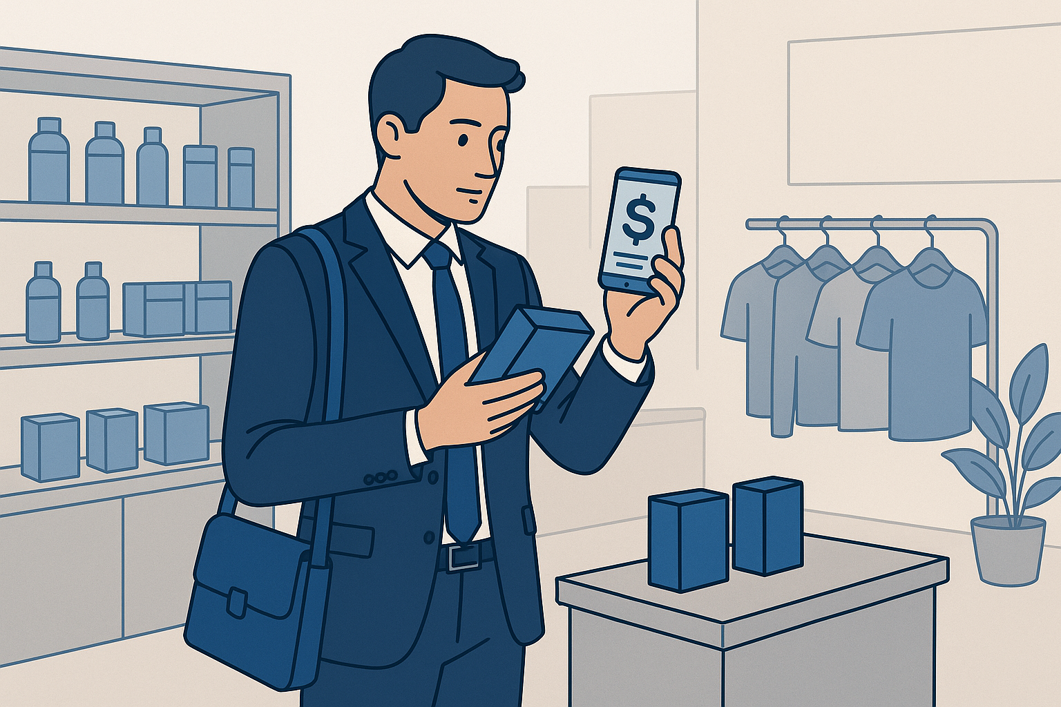 Customer showrooming with smartphone in retail store, evaluating prices online.