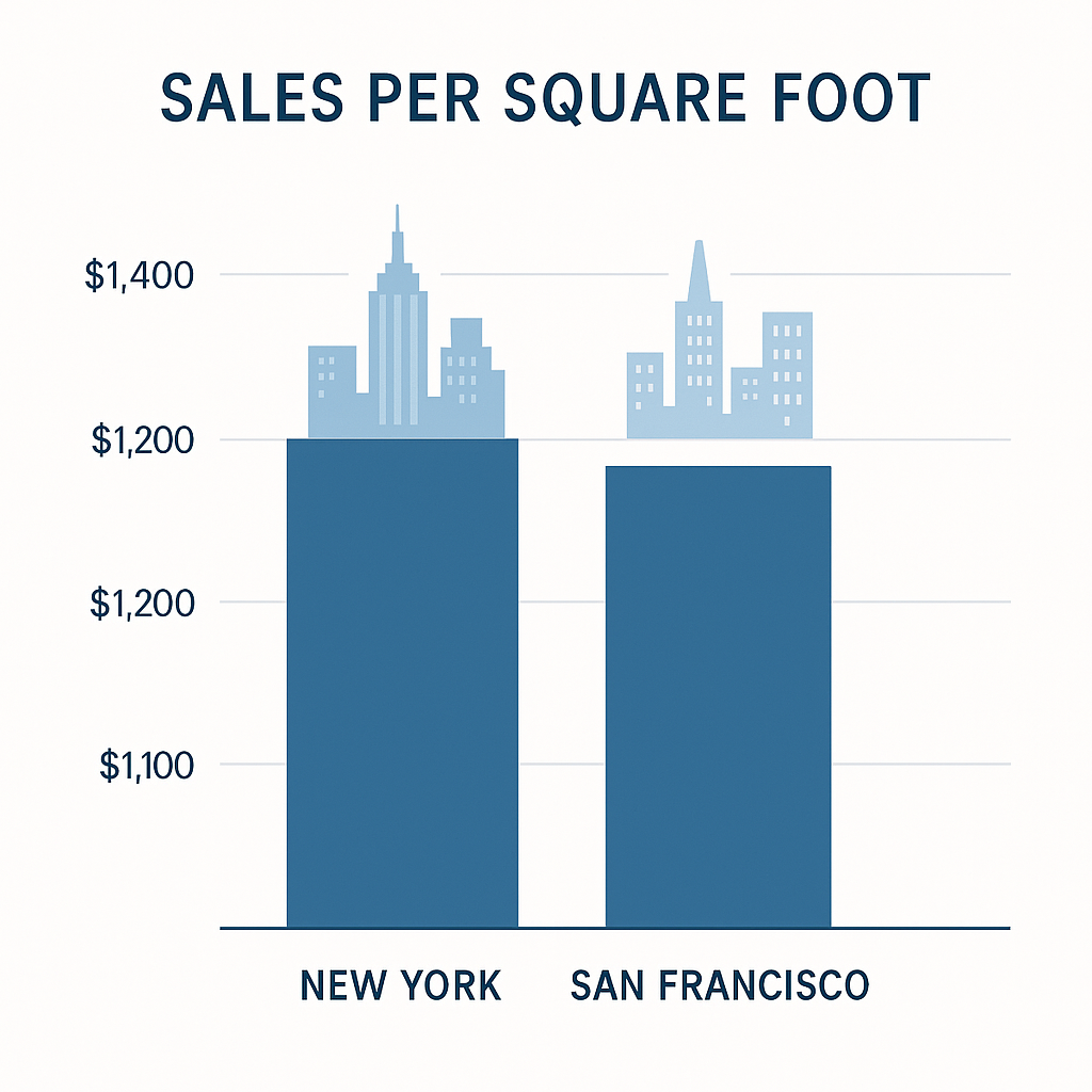 Graph comparing sales per square foot for New York and San Francisco retail stores.