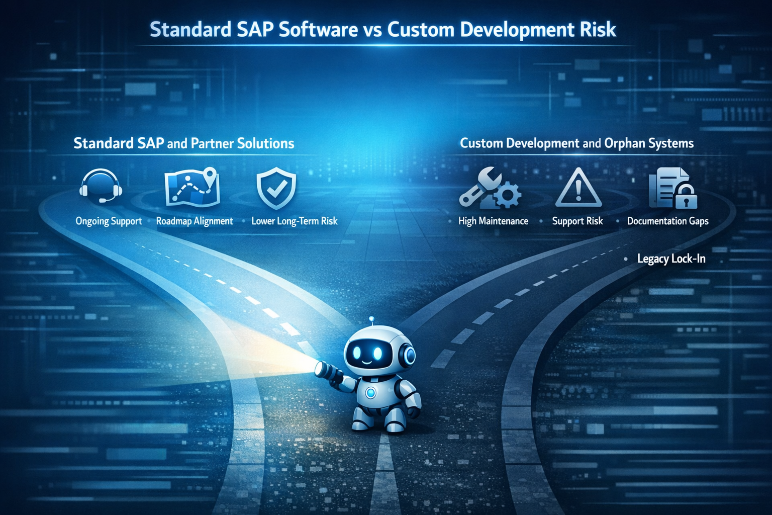 High-tech blue decision diagram comparing standard SAP and partner solutions with supported roadmaps against high-risk custom development that can become orphaned legacy systems.