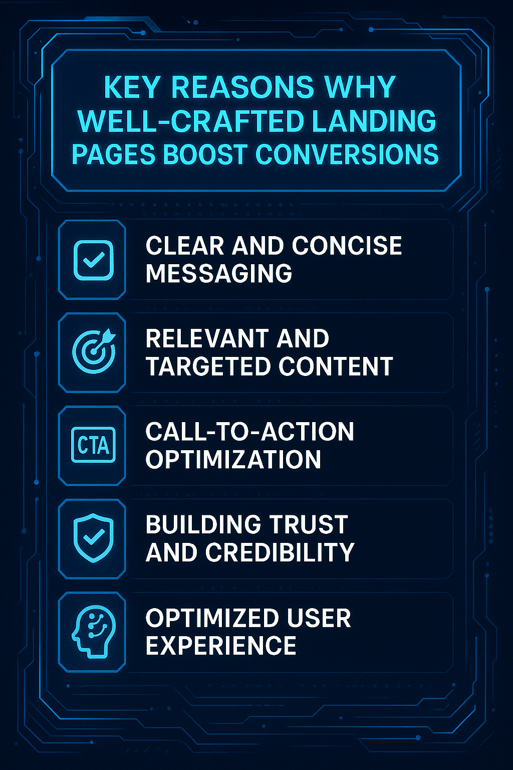 Infographic checklist showing key reasons for well-crafted landing pages: messaging, targeted content, CTA optimization, building trust, optimized UX.