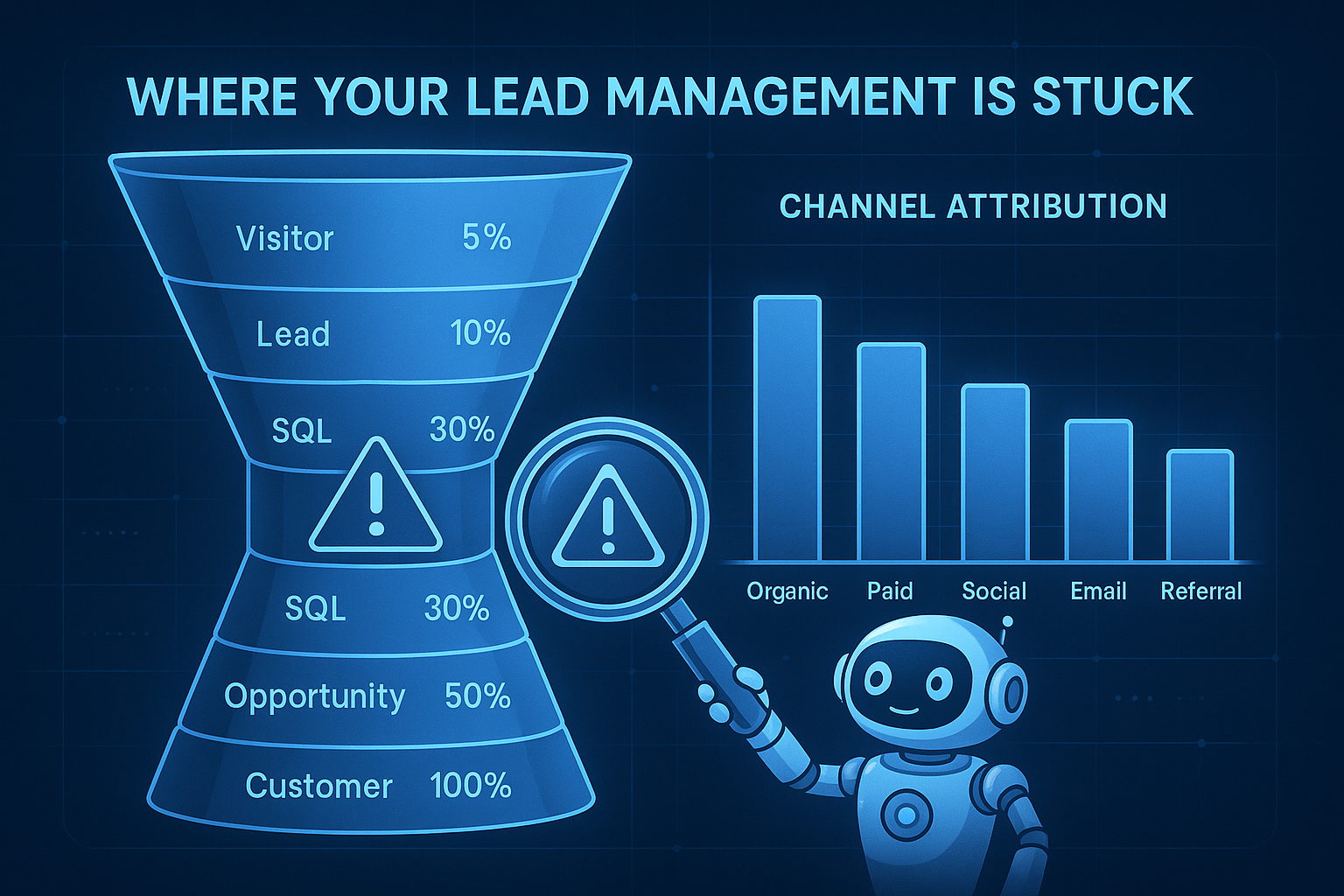 High-tech blue visualization titled Where Your Lead Management Is Stuck, showing a lead funnel from visitor to customer with a highlighted bottleneck stage and a channel attribution bar chart for organic, paid search, social, email, and referral, plus a friendly robot inspecting the bottleneck to improve lead management in HubSpot.